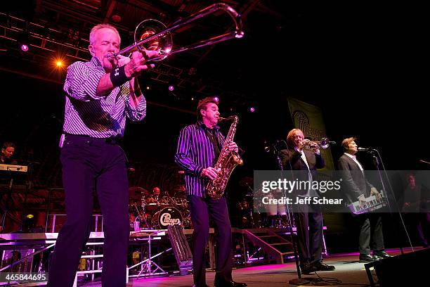 Members of the rock band Chicago James Pankow, Walter Parazaider, Lee Loughnane, Robert Lamm, and Jason Scheff perform during a free concert for...