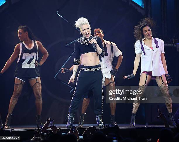 Pink performs onstage during 'The Truth About Love' tour held at Honda Center on January 29, 2014 in Anaheim, California.