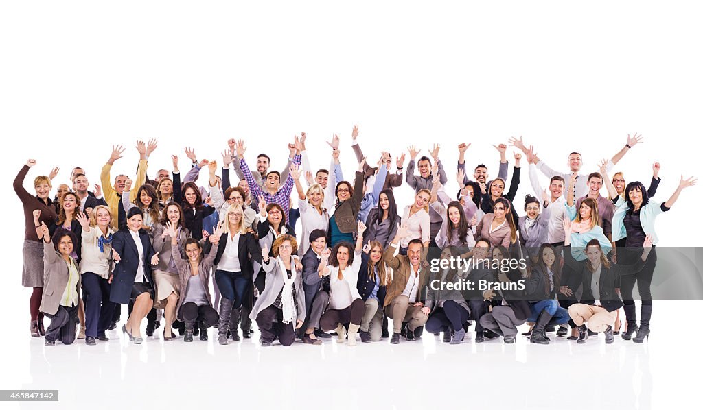 Crowd of cheerful business people with raised hands.