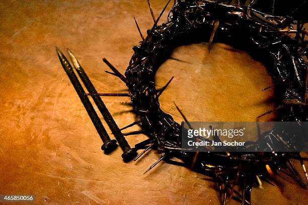Crown of thorns is seen on a table after the Good Friday procession during the Holy Week on March 30, 2013 in Lima Peru. The annual Passion Of Christ...