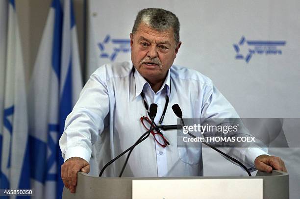 Arie Pelman, former deputy head of Israeli internal security agency Shin-Bet, delivers a speech during a press conference with former high ranking...