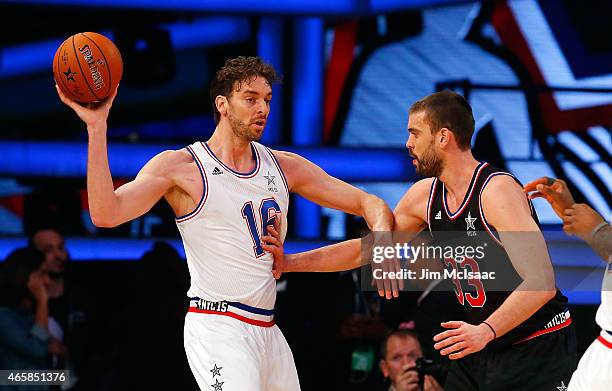 Pau Gasol of the Eastern Conference in action against Marc Gasol of the Western Conference during the 2015 NBA All-Star Game at Madison Square Garden...