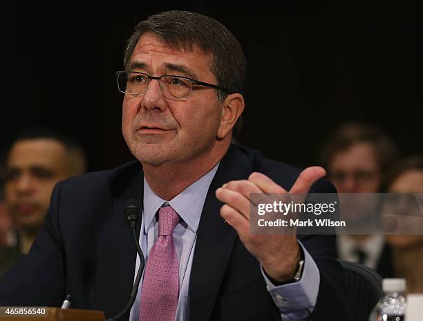 Defense Secretary Ashton Carter testifies during a Senate Foreign Relations Committee hearing on Capitol Hill, March 11, 2015 in Washington, DC. The...