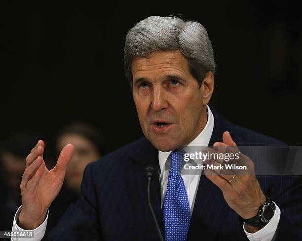 Secretary of State John Kerry testifies during a Senate Foreign Relations Committee hearing on Capitol Hill, March 11, 2015 in Washington, DC. The...