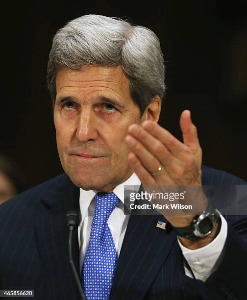 Secretary of State John Kerry testifies during a Senate Foreign Relations Committee hearing on Capitol Hill, March 11, 2015 in Washington, DC. The...