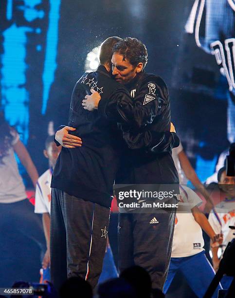 Marc Gasol of the Western Conference and Pau Gasol of the Eastern Conference are introduced during the 2015 NBA All-Star Game at Madison Square...