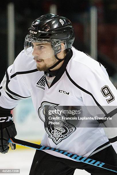Yan Pavel Laplante of the Gatineau Olympiques looks on during a face-off against the Rimouski Oceanic during a game on February 22, 2015 at Robert...