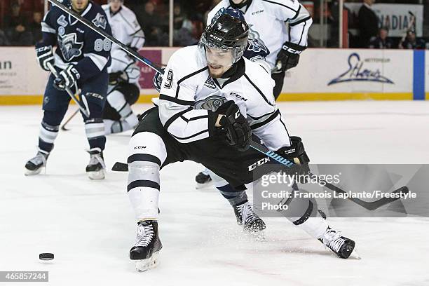 Yan Pavel Laplante of the Gatineau Olympiques skates with the puck against the Rimouski Oceanic during a game on February 22, 2015 at Robert Guertin...