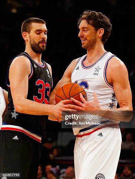 Pau Gasol of the Eastern Conference in action against Marc Gasol of the Western Conference during the 2015 NBA All-Star Game at Madison Square Garden...