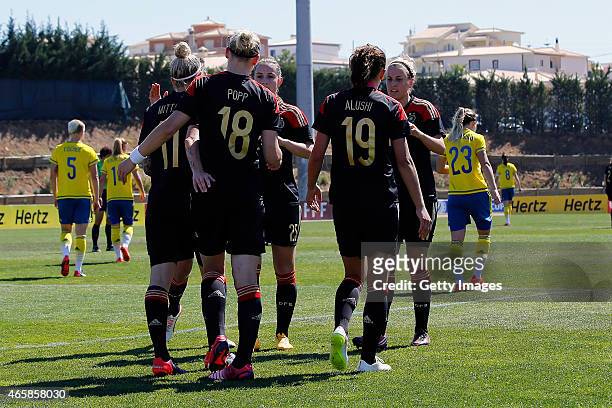 Celebration of the second goal for Germany during the Women's Algarve Cup 3rd place match between Sweden and Germany at Municipal Stadium Bela Vista...