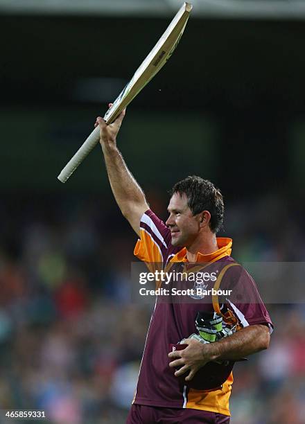 Ricky Ponting gestures to the crowd as he leaves the field after retiring during his innings during the Ricky Ponting Tribute Match at Aurora Stadium...