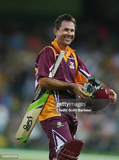 Ricky Ponting smiles as he leaves the field after retiring during his innings during the Ricky Ponting Tribute Match at Aurora Stadium on January 30,...