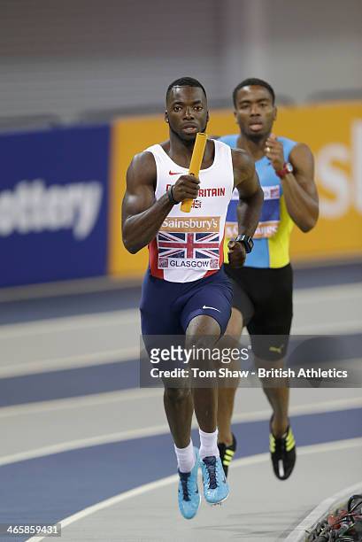 Nigel Levine of Great Britain leads the 4 x 400 metres relay during the British Athletics Sainsbury's Glasgow International Match at the Emirates...