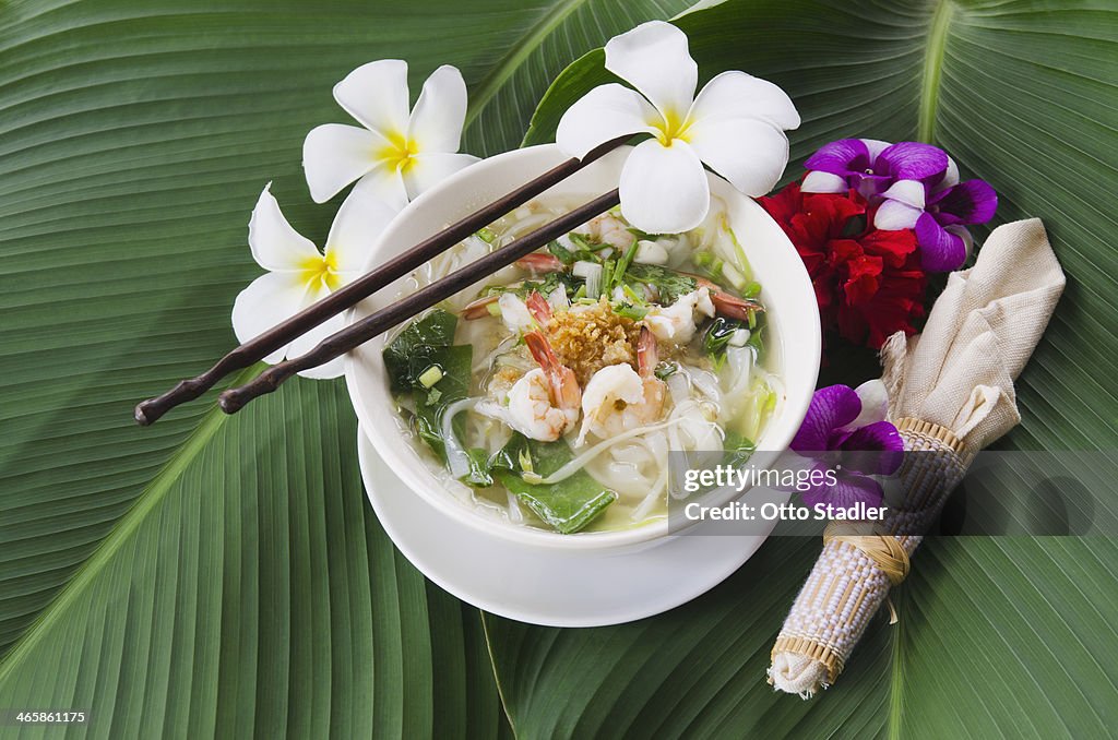 Thai noodle soup with shrimps