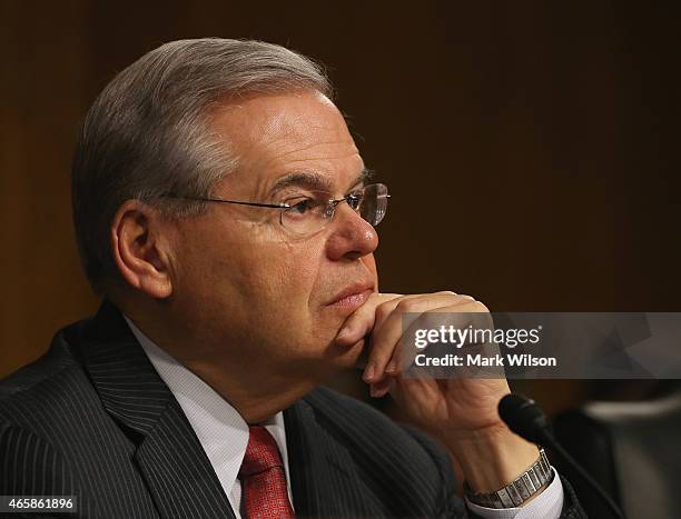 Ranking member Sen. Bob Menendez listens to testimony during a Senate Foreign Relations Committee hearing on Capitol Hill, March 11, 2015 in...