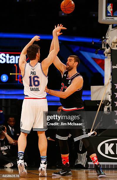 Pau Gasol of the Eastern Conference in action against Marc Gasol of the Western Conference during the 2015 NBA All-Star Game at Madison Square Garden...