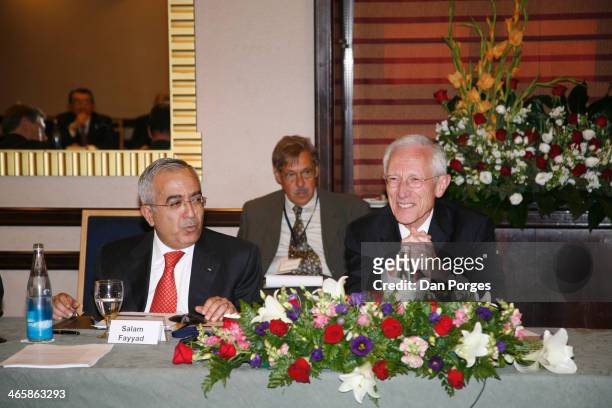 View of former Prime Minister of the Palestinian Authority Salam Fayyad and Governor of the Bank of Israel Professor Stanley Fischer during a...