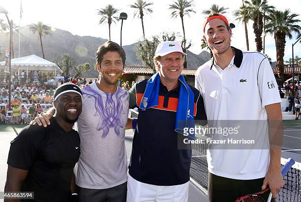 Comedian Kevin Hart, tennis player Fernando Verdasco, comedian Will Ferrell and tennis player John Isner attend the 11th Annual Desert Smash Hosted...