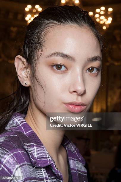 Model backstage during the Stella McCartney show as part of the Paris Fashion Week Womenswear Fall/Winter 2015/2016 on March 9, 2015 in Paris, France.