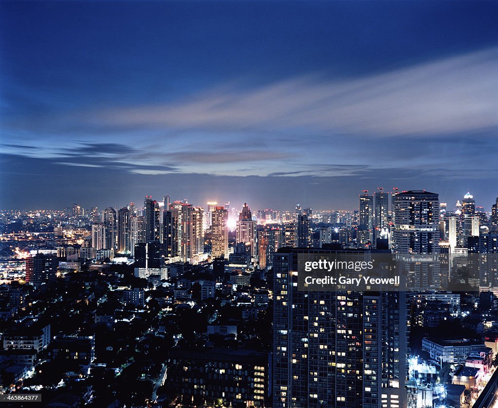 Elevated view over city of Bangkok at dusk