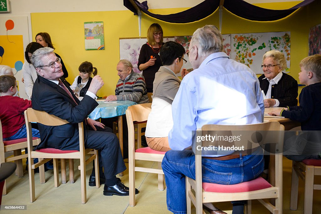 German President Joachim Gauck Visits The Kindergarten Little Rascals