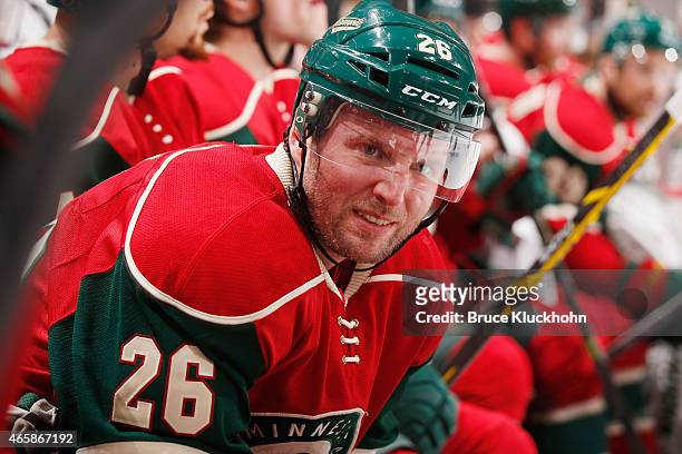 Thomas Vanek of the Minnesota Wild watches from the bench during the game against the Ottawa Senators on March 3, 2015 at the Xcel Energy Center in...
