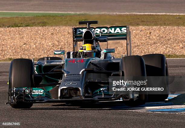 Mercedes Petronas British driver Lewis Hamilton takes a corner during the Formula One pre-season test days at Jerez racetrack in Jerez on January 30,...