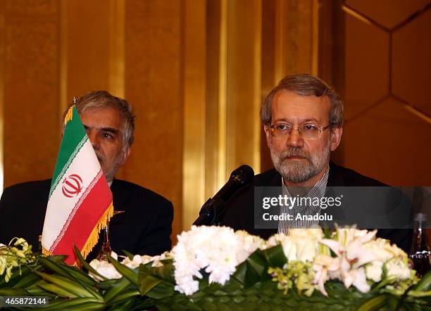 Speaker of the Iran's Parliament Ali Larijani gives a speech during a press conference at Sheraton Hotel after his official meetings, in Doha, Qatar...