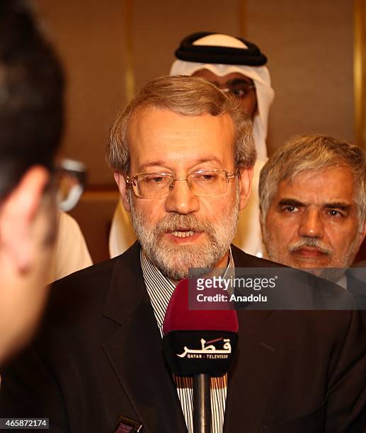 Speaker of the Iran's Parliament Ali Larijani gives a speech during a press conference at Sheraton Hotel after his official meetings, in Doha, Qatar...
