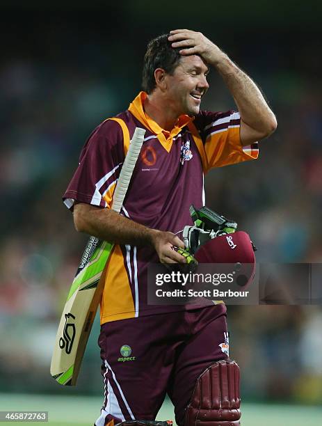 Ricky Ponting reacts as he leaves the field after retiring during his innings during the Ricky Ponting Tribute Match at Aurora Stadium on January 30,...