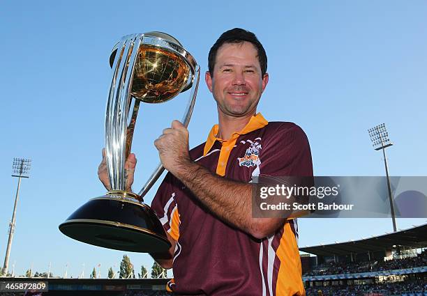 Former Australian Cricket World Cup captain Ricky Ponting poses with the the ICC Cricket World Cup trophy during the Ricky Ponting Tribute Match at...