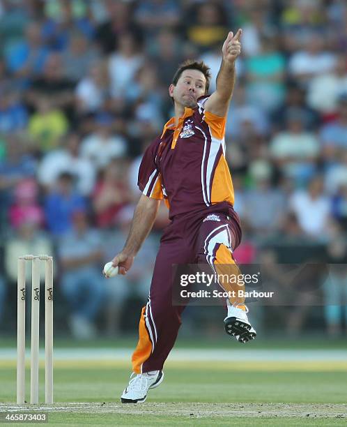 Ricky Ponting bowls during the Ricky Ponting Tribute Match at Aurora Stadium on January 30, 2014 in Launceston, Australia.