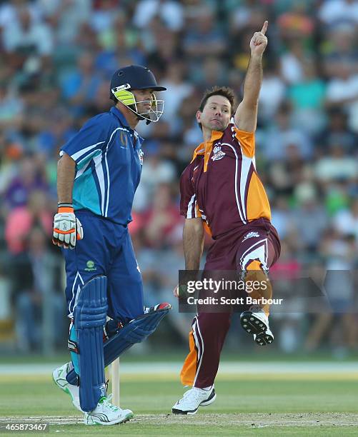 Ricky Ponting bowls as Greg Blewett looks on during the Ricky Ponting Tribute Match at Aurora Stadium on January 30, 2014 in Launceston, Australia.