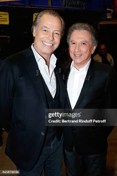 Main guest of the show, humorist and actor Michel Leeb who presents the Theater Piece 'Le tombeur' and presenter of the show Michel Drucker attend...