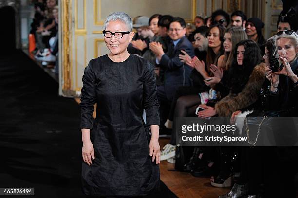 Moon Young Hee acknowledges the audience during the Moon Young Hee show as part of Paris Fashion Week Womenswear Fall/Winter 2015/2016 at Fondation...