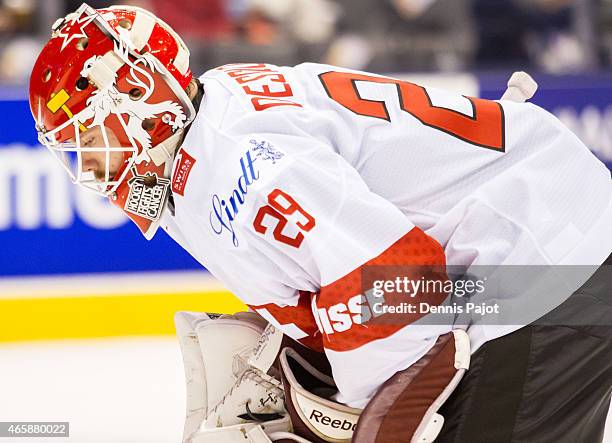 Goaltender Gauthier Descloux of Switzerland skates against Germany during the 2015 IIHF World Junior Championship on January 03, 2015 at the Air...