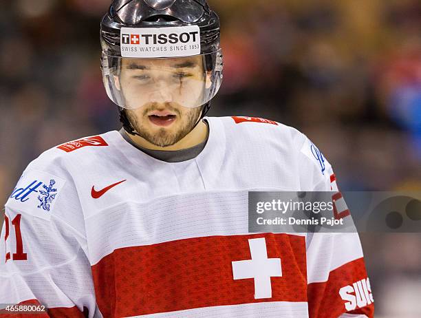 Forward Luca Fazzini of Switzerland skates against Germany during the 2015 IIHF World Junior Championship on January 03, 2015 at the Air Canada...