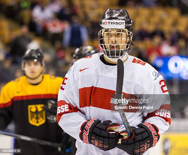 Defenceman Jonas Siegenthaler of Switzerland skates against Germany during the 2015 IIHF World Junior Championship on January 03, 2015 at the Air...