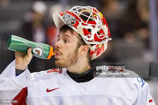 Goaltender Gauthier Descloux of Switzerland skates against Germany during the 2015 IIHF World Junior Championship on January 03, 2015 at the Air...