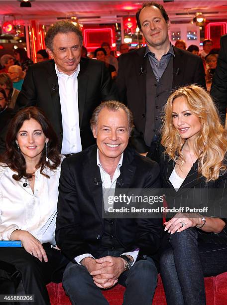 Actress Cristiana Reali, Presenter of the show Michel Drucker, Main guest of the show Humorist Michel Leeb, Humorist Jean-Francois Cayrey and Adriana...