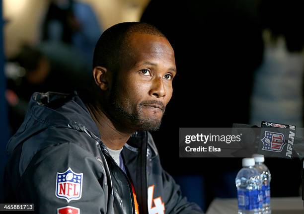 Champ Bailey of the Denver Broncos addresses the media during Super Bowl XLVIII media availability on January 30, 2014 in Jersey City, New Jersey....