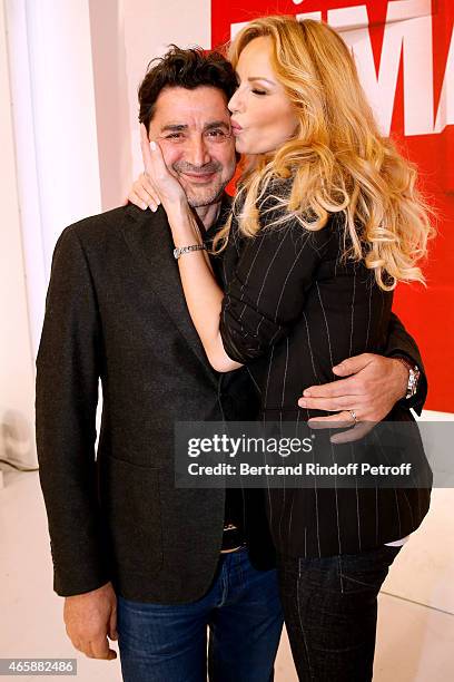 Adriana Karembeu and her husband Aram Ohanian attend the 'Vivement Dimanche' French TV at Pavillon Gabriel on March 11, 2015 in Paris, France.