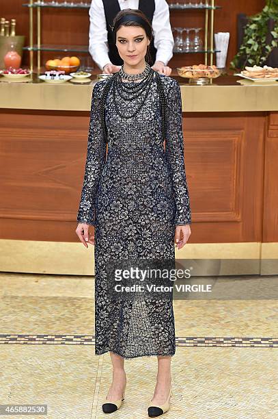Model walks the runway during the Chanel show as part of the Paris Fashion Week Womenswear Fall/Winter 2015/2016 on March 10, 2015 in Paris, France.