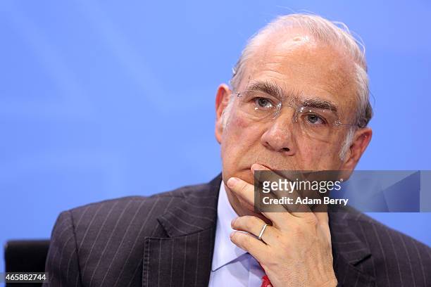 Organisation for Economic Cooperation and Development Secretary-General Angel Gurria attends a press conference at the German federal Chancellery on...