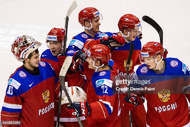 Team Russia celebrates after winning 4-1 against Sweden in the semifinal game of the 2015 IIHF World Junior Championship on January 04, 2015 at the...