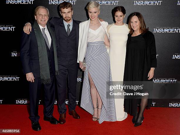 Douglas Wick, Veronica Roth, Theo James, Shailene Woodley and Lucy Fisher attend the World Premiere of "Insurgent" at Odeon Leicester Square on March...