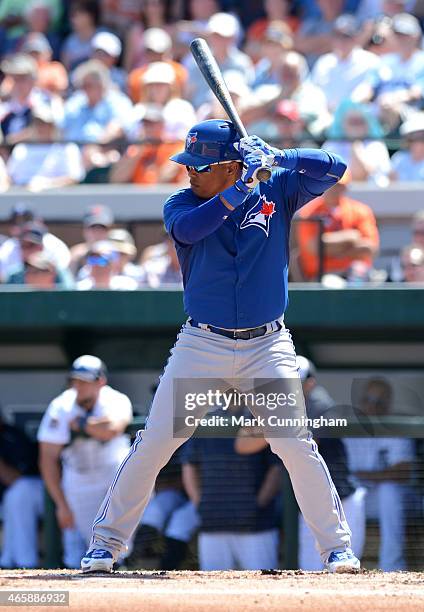 Ramon Santiago of the Toronto Blue Jays bats during the Spring Training game against the Detroit Tigers at Joker Marchant Stadium on March 9, 2015 in...