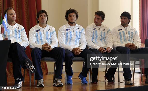 Argentina's tennis team captain Martin Jaite, tennis players Carlos Berlocq, Juan Monaco, Horacio Zeballos and Eduardo Schwank gesture during the...