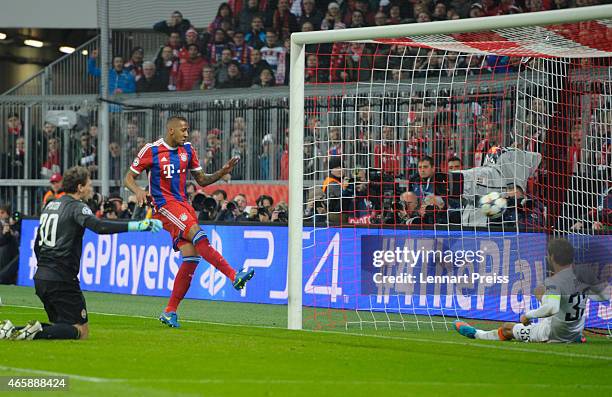 Jerome Boateng of Bayern Muenchen scores his teams' second goal during the UEFA Champions League Round of 16 second leg match between FC Bayern...