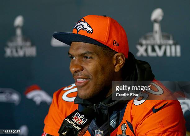 Julius Thomas of the Denver Broncos addresses the media during Super Bowl XLVIII media availability on January 30, 2014 in Jersey City, New Jersey....